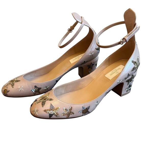 Valentino Garavani Tango Pumps Tan Beige Star Sequin Block Heel EU 39.5 US 9.5 - Picture 4 of 14